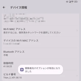 Unihertz Titan 2→設定→システム→デバイス情報→開発者向けオプションが有効になりました
