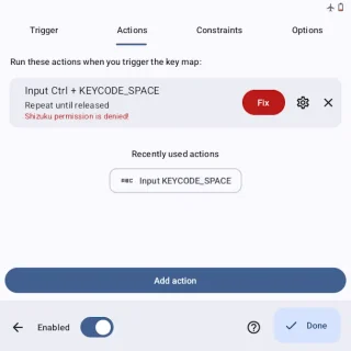 Zinwa Q25 Pro→Key Mapperアプリ→New key map→Actions→Input Ctrl＋KEYCODE_SPACE