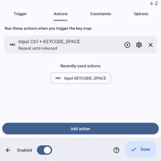 Zinwa Q25 Pro→Key Mapperアプリ→New key map→Actions→Input Ctrl＋KEYCODE_SPACE