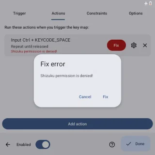 Zinwa Q25 Pro→Key Mapperアプリ→New key map→Actions→Input Ctrl＋KEYCODE_SPACE→Shizuku Permission is denied!