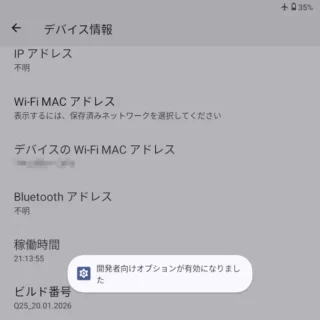 Zinwa Q25 Pro→設定→デバイス情報→ビルド番号→開発者向けオプションが有効になりました