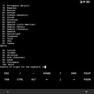 Androidアプリ→Andronix→Termux Execution→コマンド→The layout of keyboards→32.English (US)