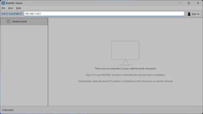 Windows 11→RealVNC Viewer→Enter a device address or search