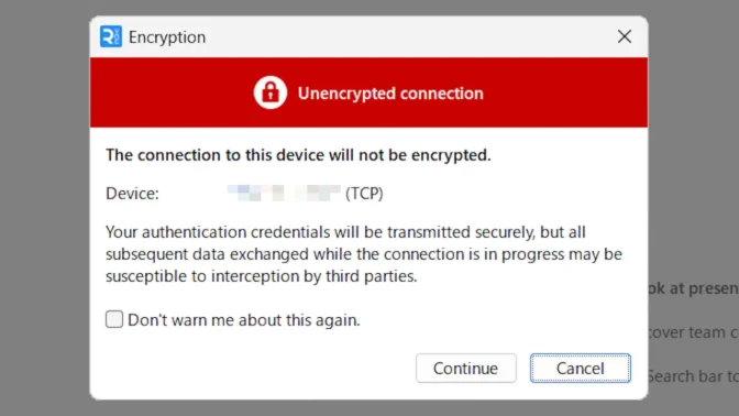 Windows 11→RealVNC Viewer→Unencrypted connecttion