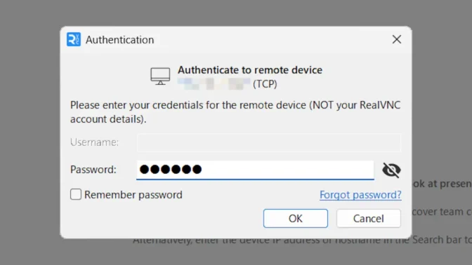 Windows 11→RealVNC Viewer→Authenticate to remote device